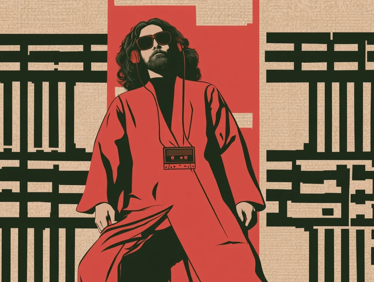 Illustration of a long-haired man in sunglasses, headphones and a red robe, with a cassette player on his chest
