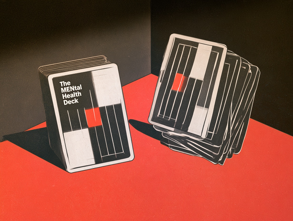 Illustration of The MENtal Health Deck: a boxed deck of black, white and red cards on a red surface